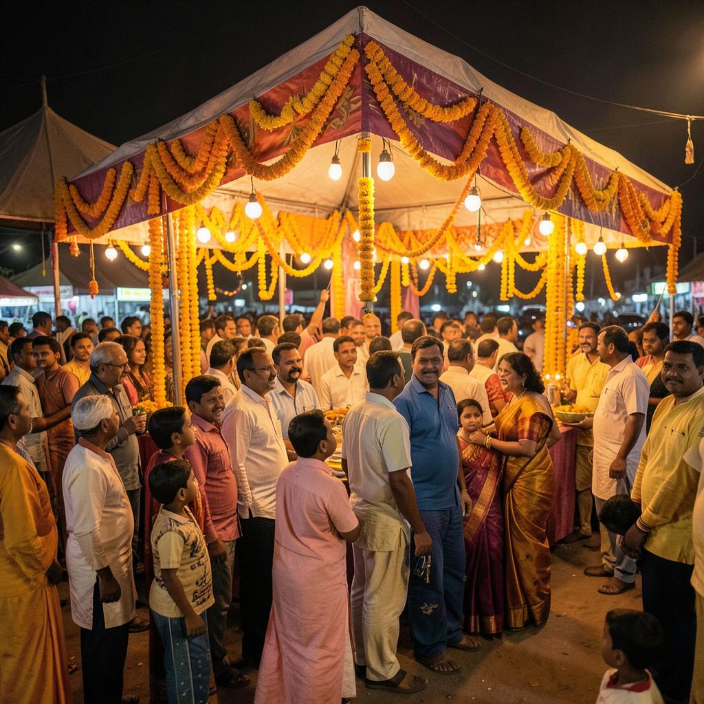 Community festival pandal decorated with marigold garlands
